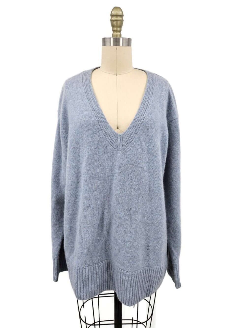 Vince Cashmere Rib Trim V-Neck Tunic Sweater Womens L Light Blue Oversized